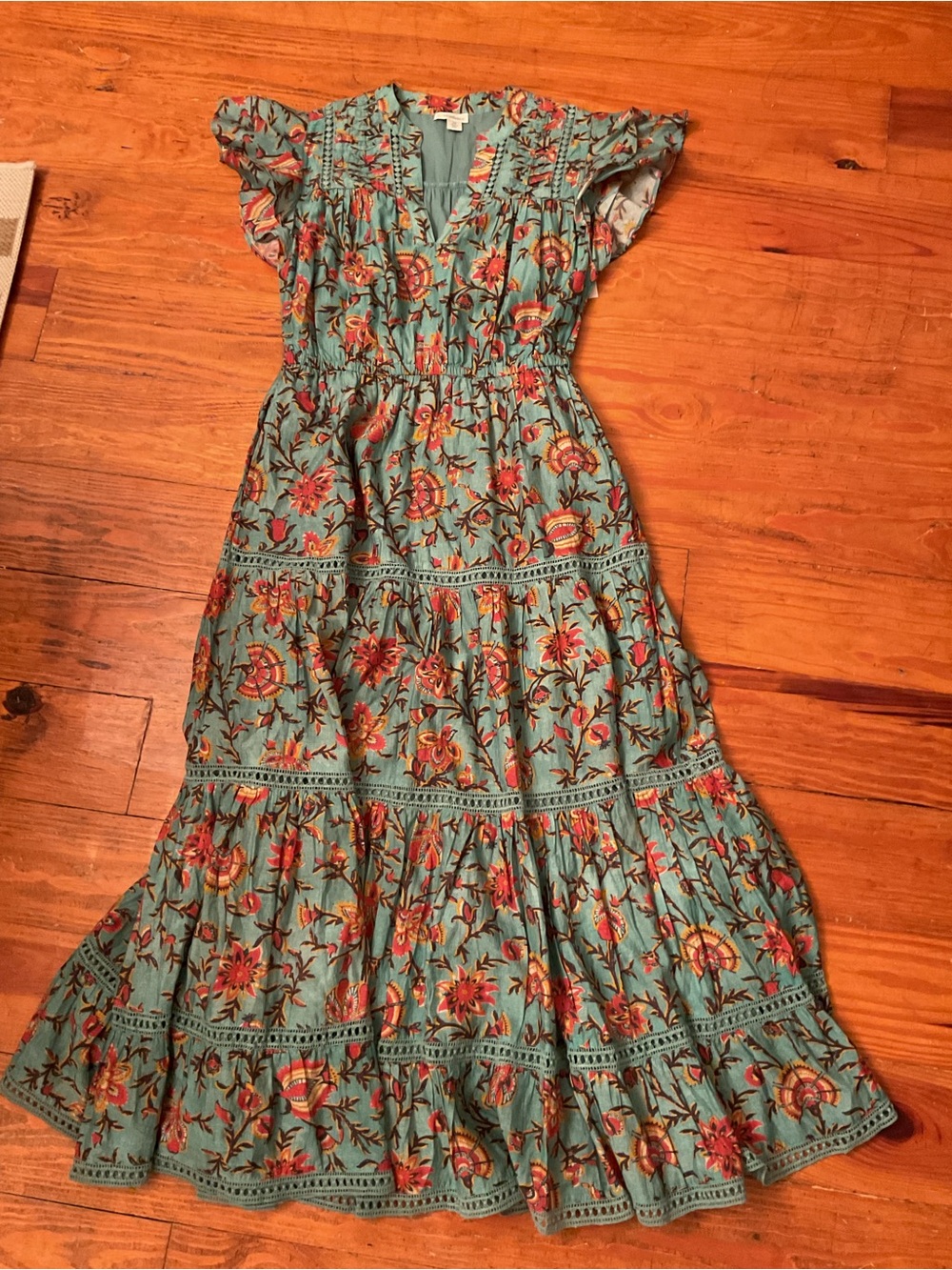 Sundance Cotton Silk Floral Tiered Maxi Dress Teal Flutter Sleeve Lined Pockets